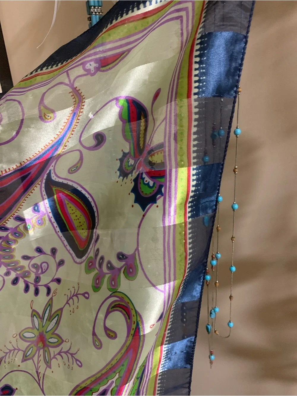 Silk-Feel Paisley Wrap Scarf in Sage Green and Multicolor